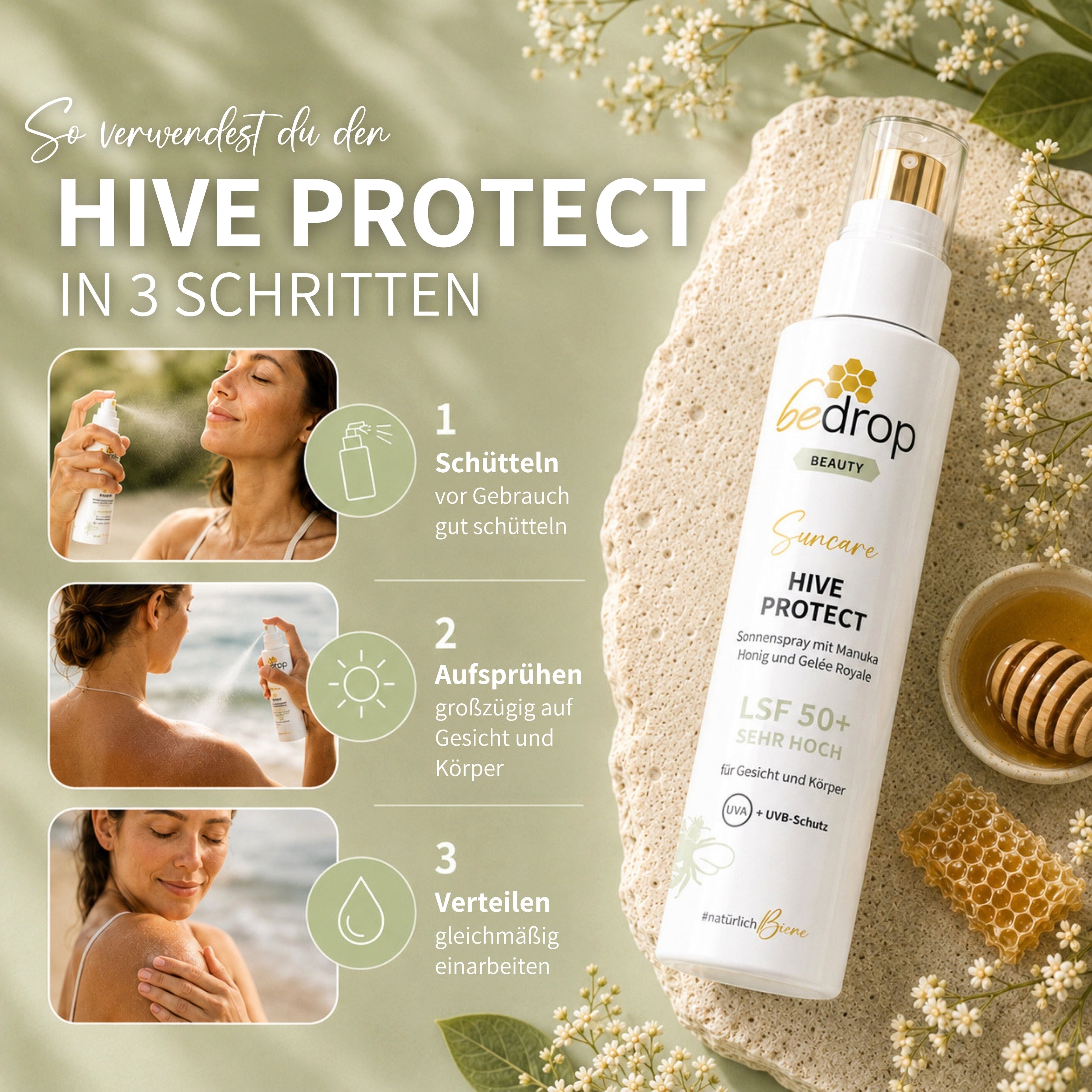 HIVE PROTECT LSF 50+ Sonnenspray mit Manuka Honig und Gelée Royale, Sonnenschutz für Gesicht & Körper - 200 ml