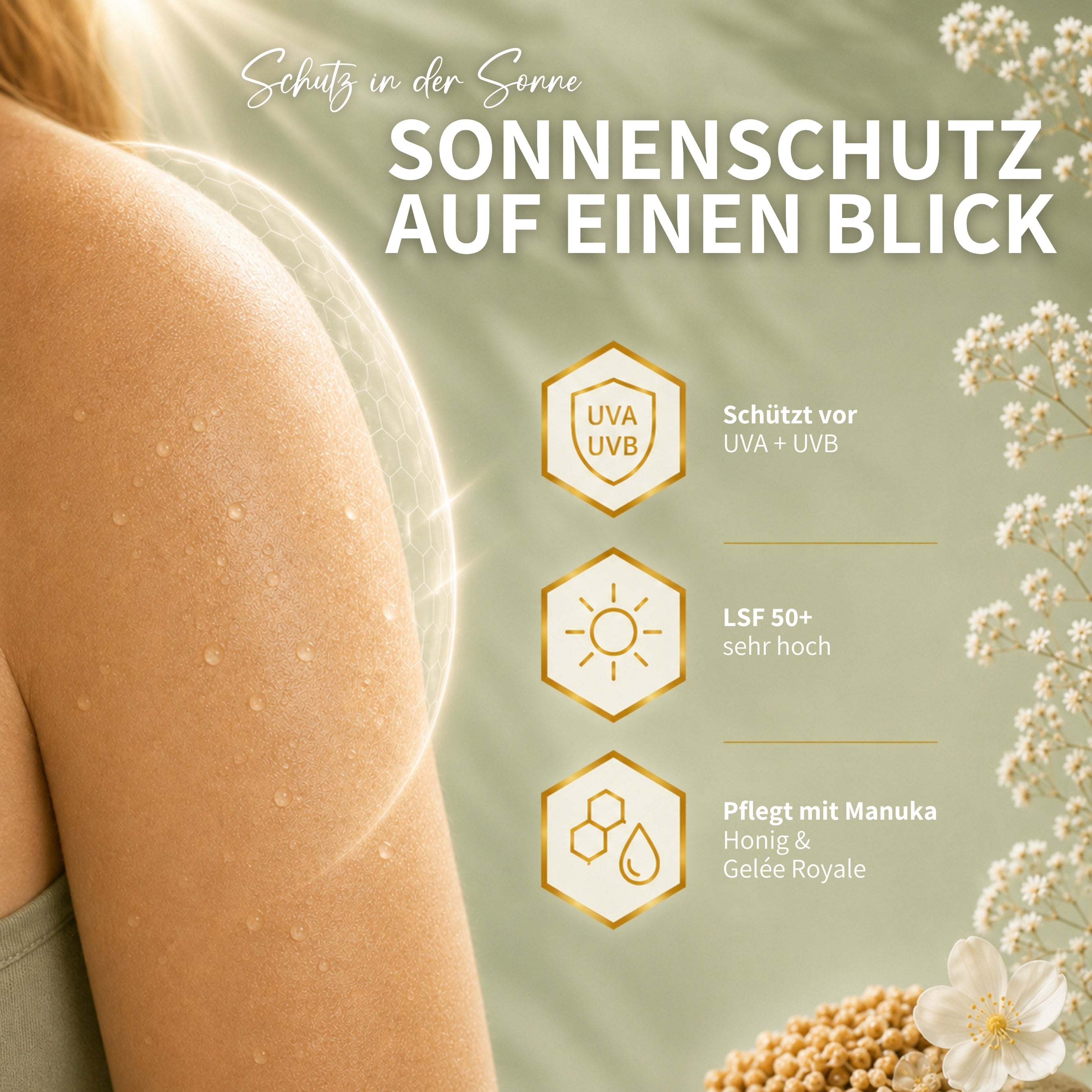 HIVE PROTECT LSF 50+ Sonnenspray mit Manuka Honig und Gelée Royale, Sonnenschutz für Gesicht & Körper - 200 ml