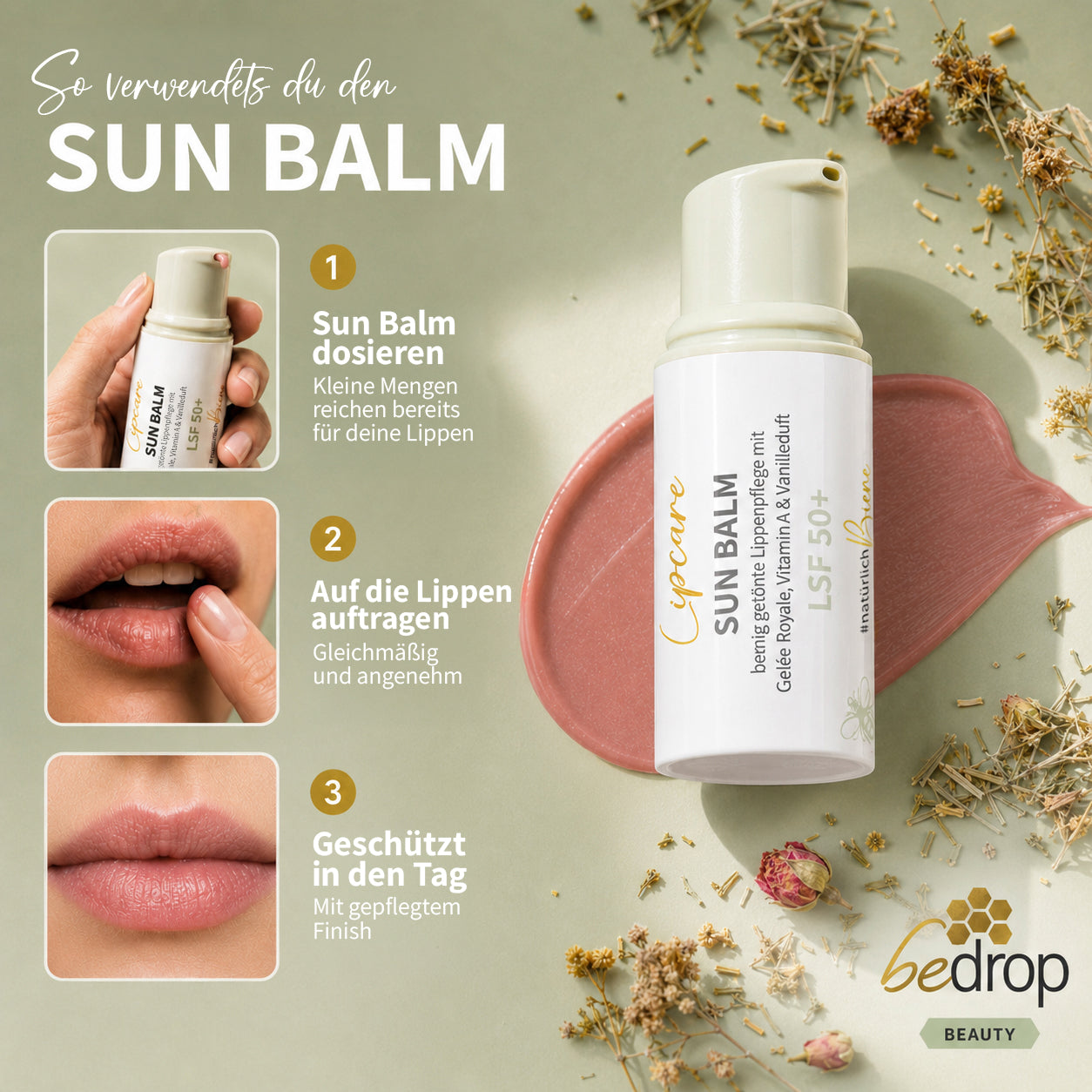 Vorteilsset: 3x Sun Balm LSF 50+ - getönter Lippenpflegebalsam mit Gelée Royale & zartem Vanilleduft