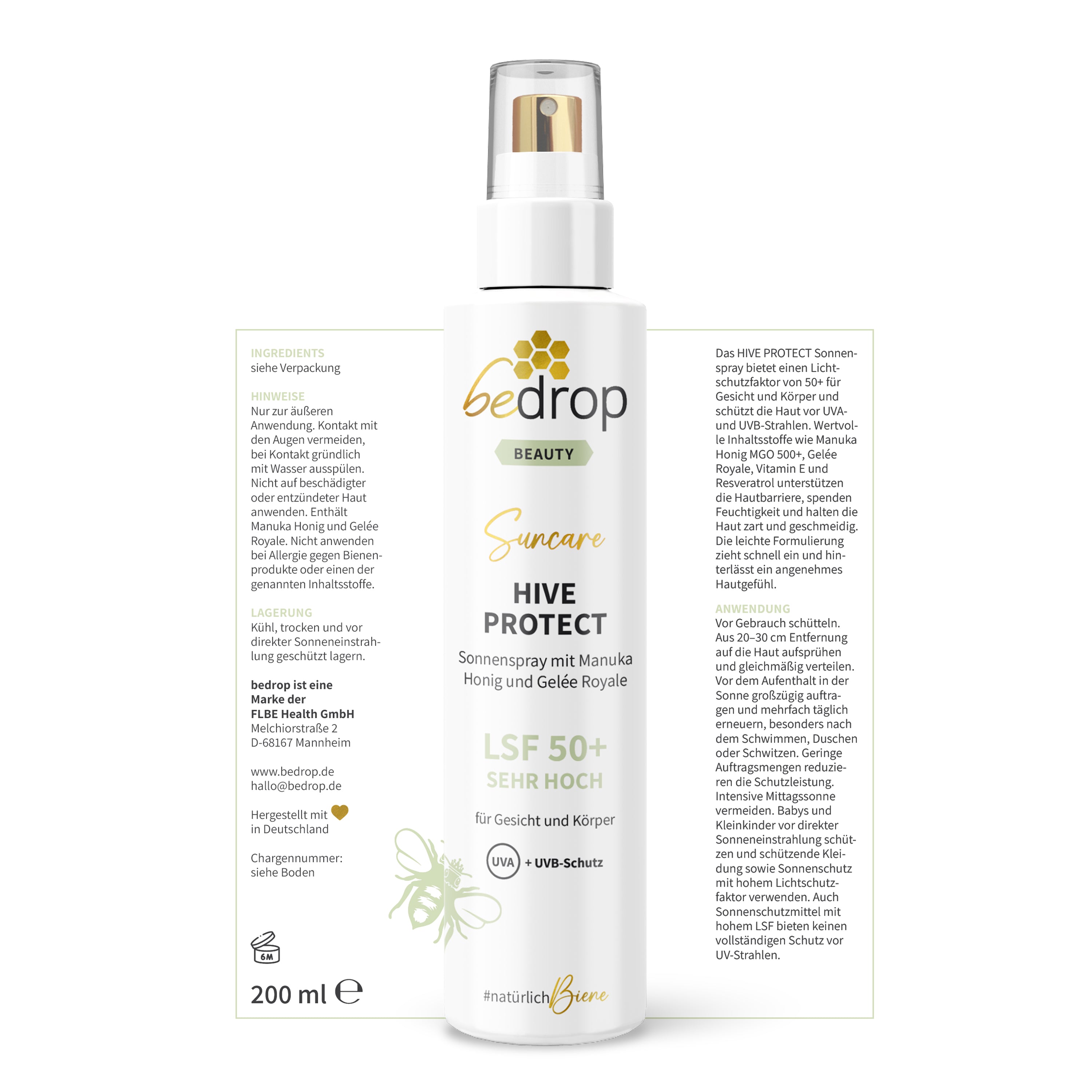 HIVE PROTECT LSF 50+ Sonnenspray mit Manuka Honig und Gelée Royale, Sonnenschutz für Gesicht & Körper - 200 ml