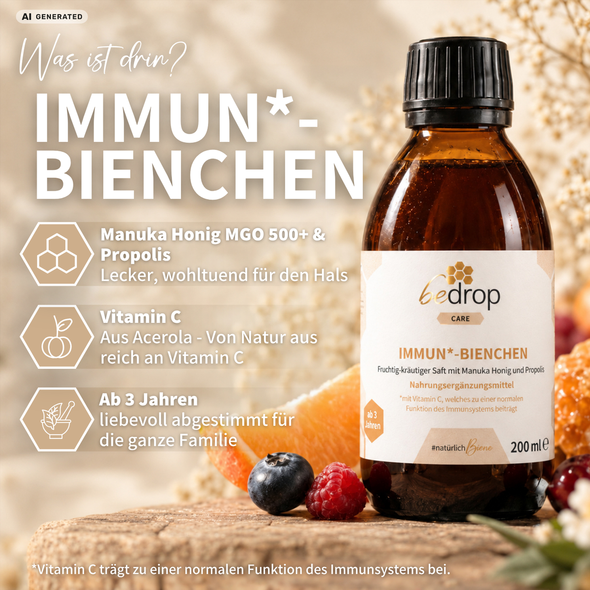 IMMUN*-BIENCHEN - Fruchtig-kräutriger Saft mit Manuka Honig und Vitamin C aus Acerola / 200ml