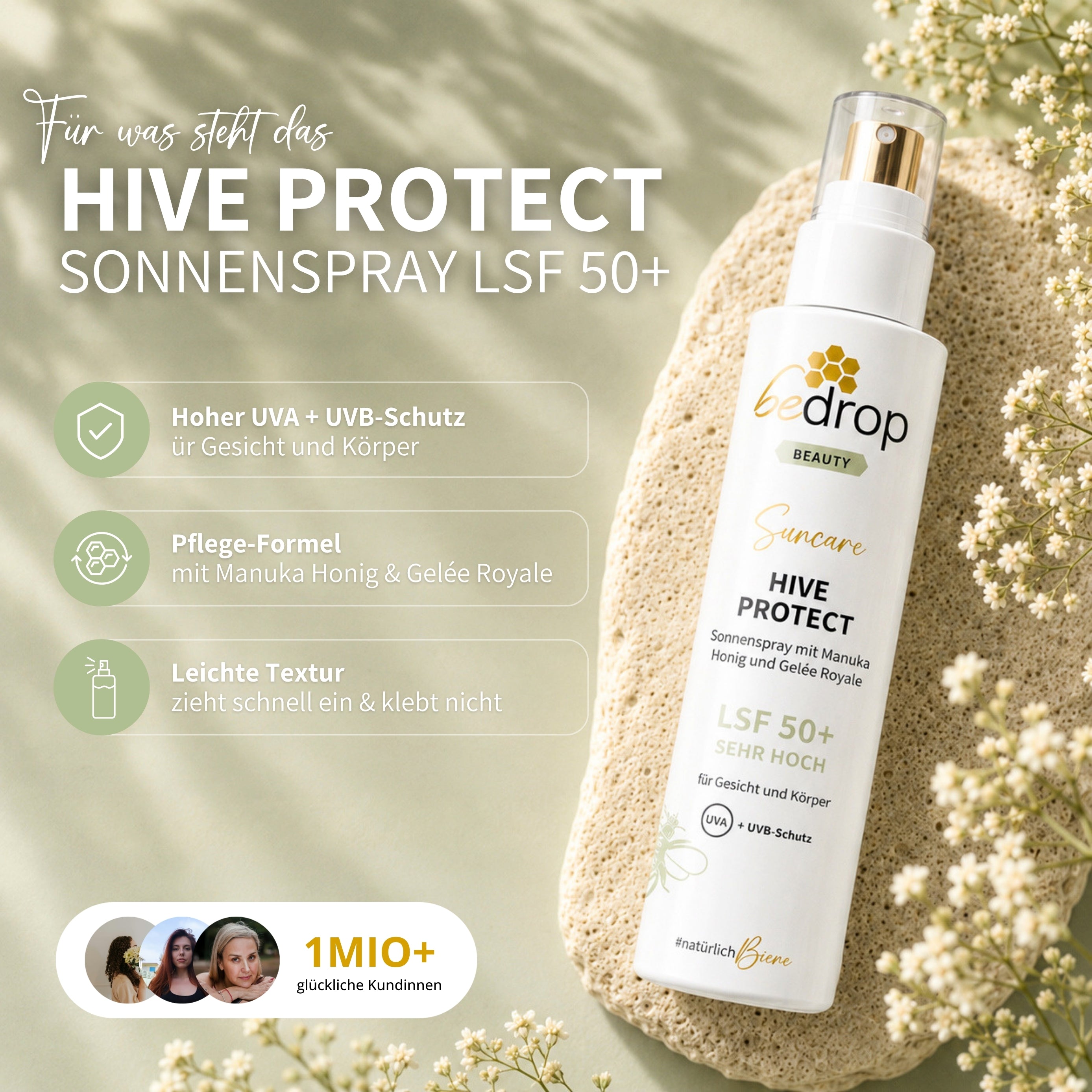 HIVE PROTECT LSF 50+ Sonnenspray mit Manuka Honig und Gelée Royale, Sonnenschutz für Gesicht &amp; Körper - 200 ml