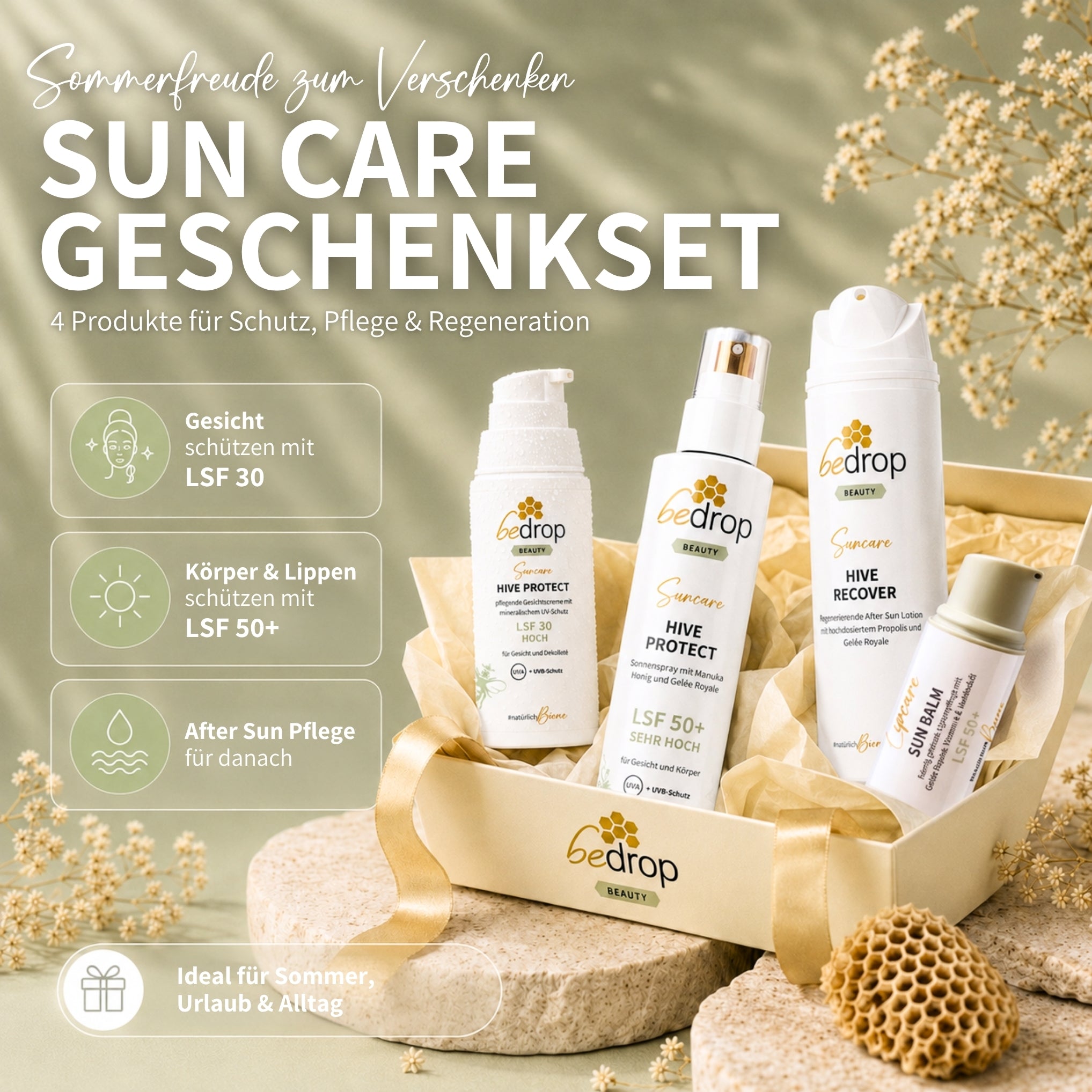 Sun Care Set: Sun Balm Lippenpflege, Hive Protect Gesichtscreme/Sonnencreme + Sonnenspray & After-Sun, LSF 30 & LSF 50+